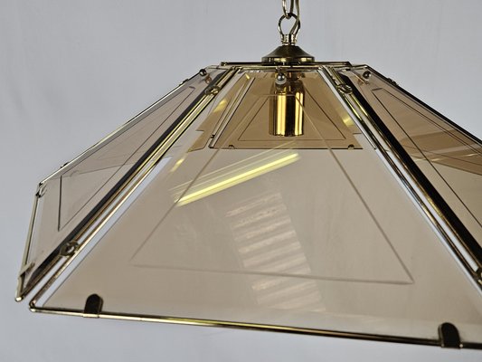 Hexagonal Hanging Light in Brass and Smoke Glass, 1970s-ZUW-1782733