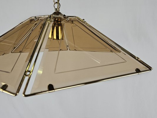 Hexagonal Hanging Light in Brass and Smoke Glass, 1970s-ZUW-1782733