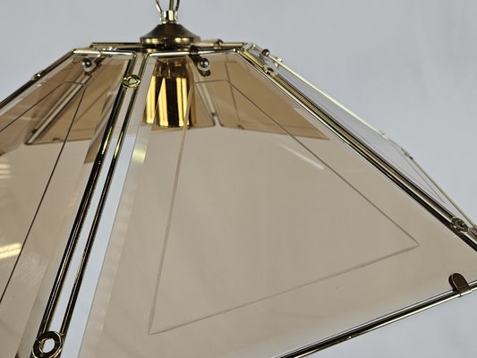 Hexagonal Hanging Light in Brass and Smoke Glass, 1970s-ZUW-1782733