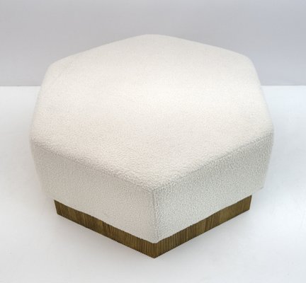 Hexagonal Pouf in Soft White Boucle on Wooden Base, Italy, 1989-FER-1386260