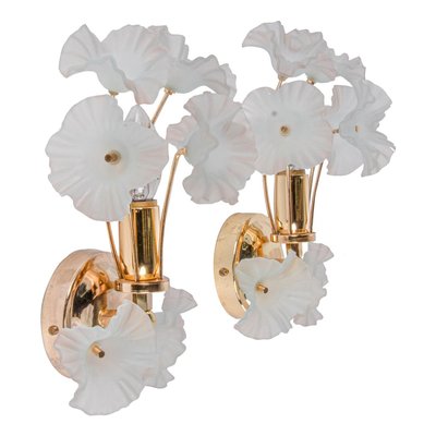 Hibiscus Brass Wall Sconces with Glass Flowers, Italy, 1970s, Set of 2-DEK-932439