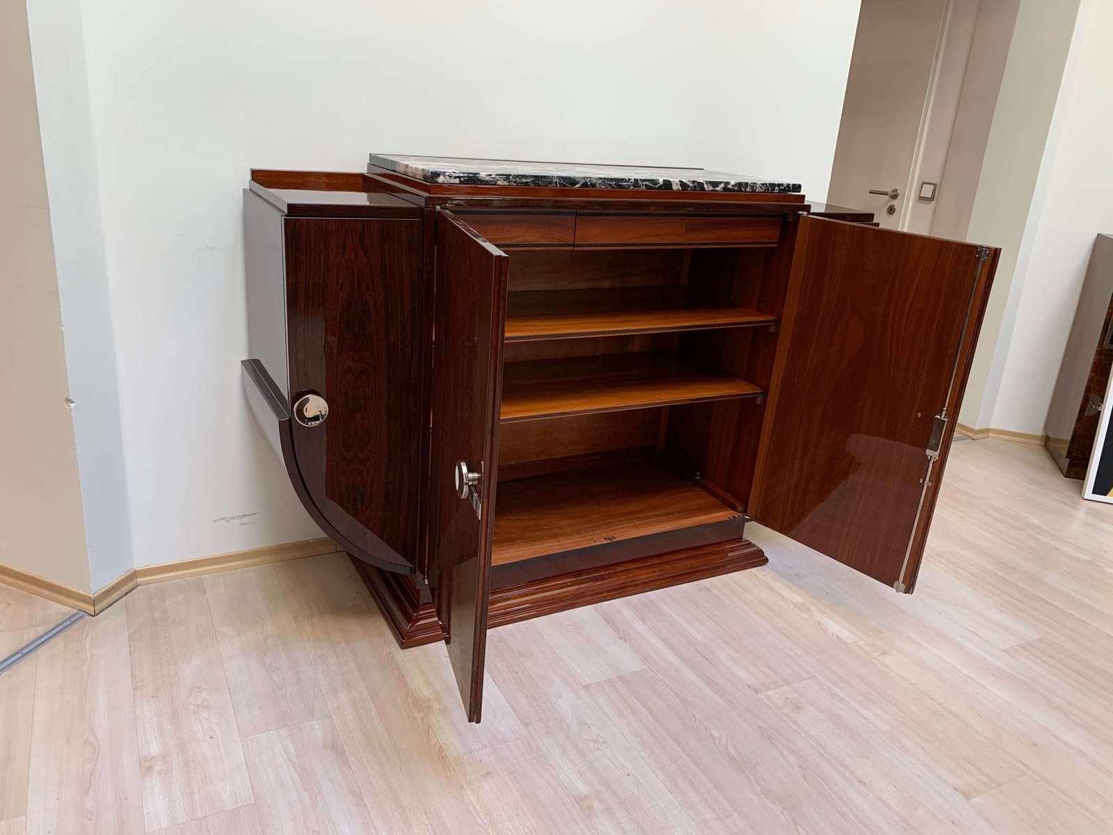 High Art Deco Sideboard in Rosewood Veneer, Nickel & Marble, France,1930