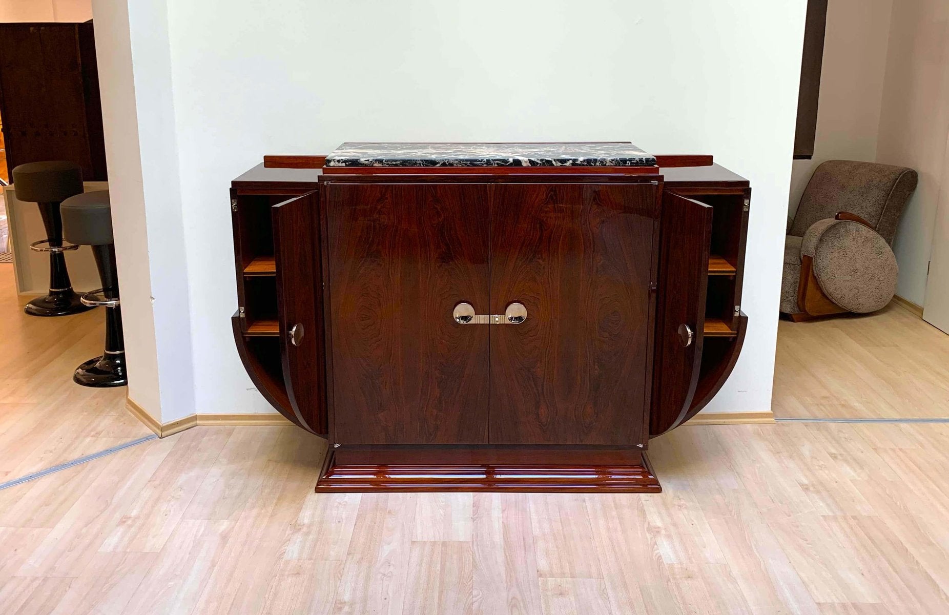 High Art Deco Sideboard in Rosewood Veneer, Nickel & Marble, France,1930