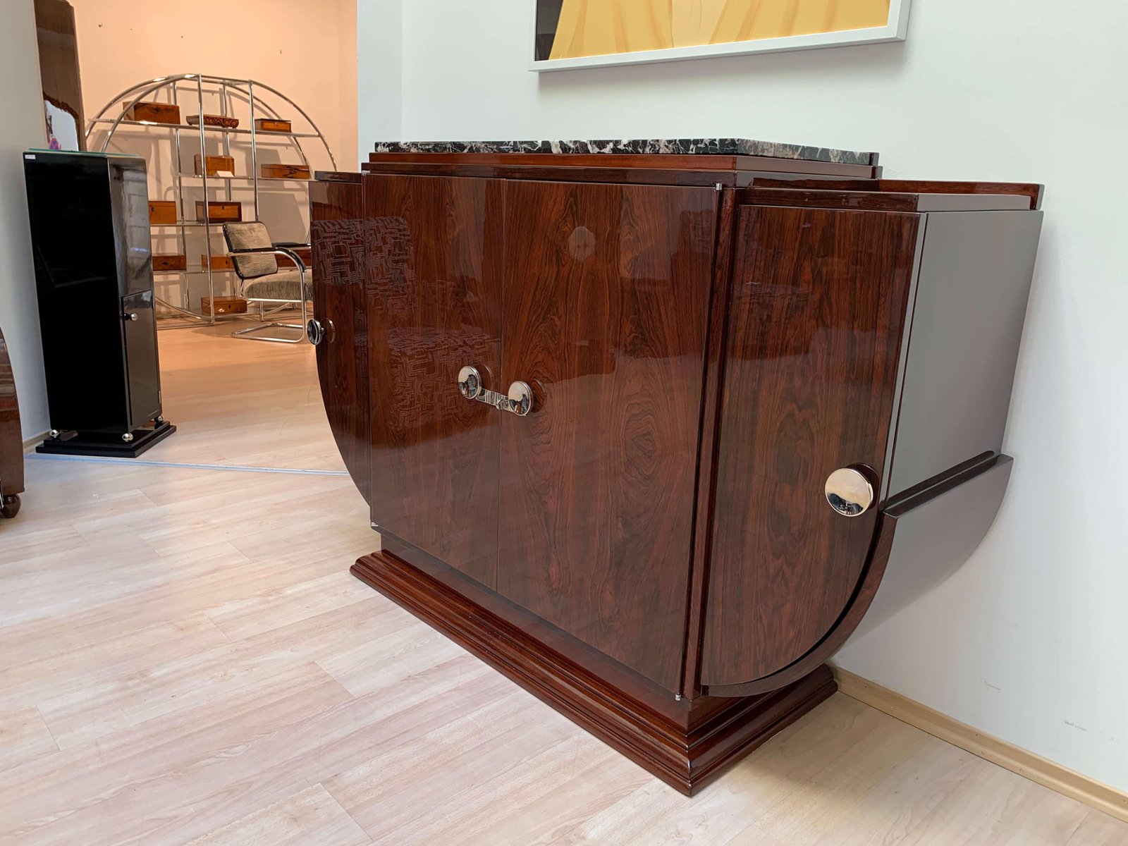 High Art Deco Sideboard in Rosewood Veneer, Nickel & Marble, France,1930