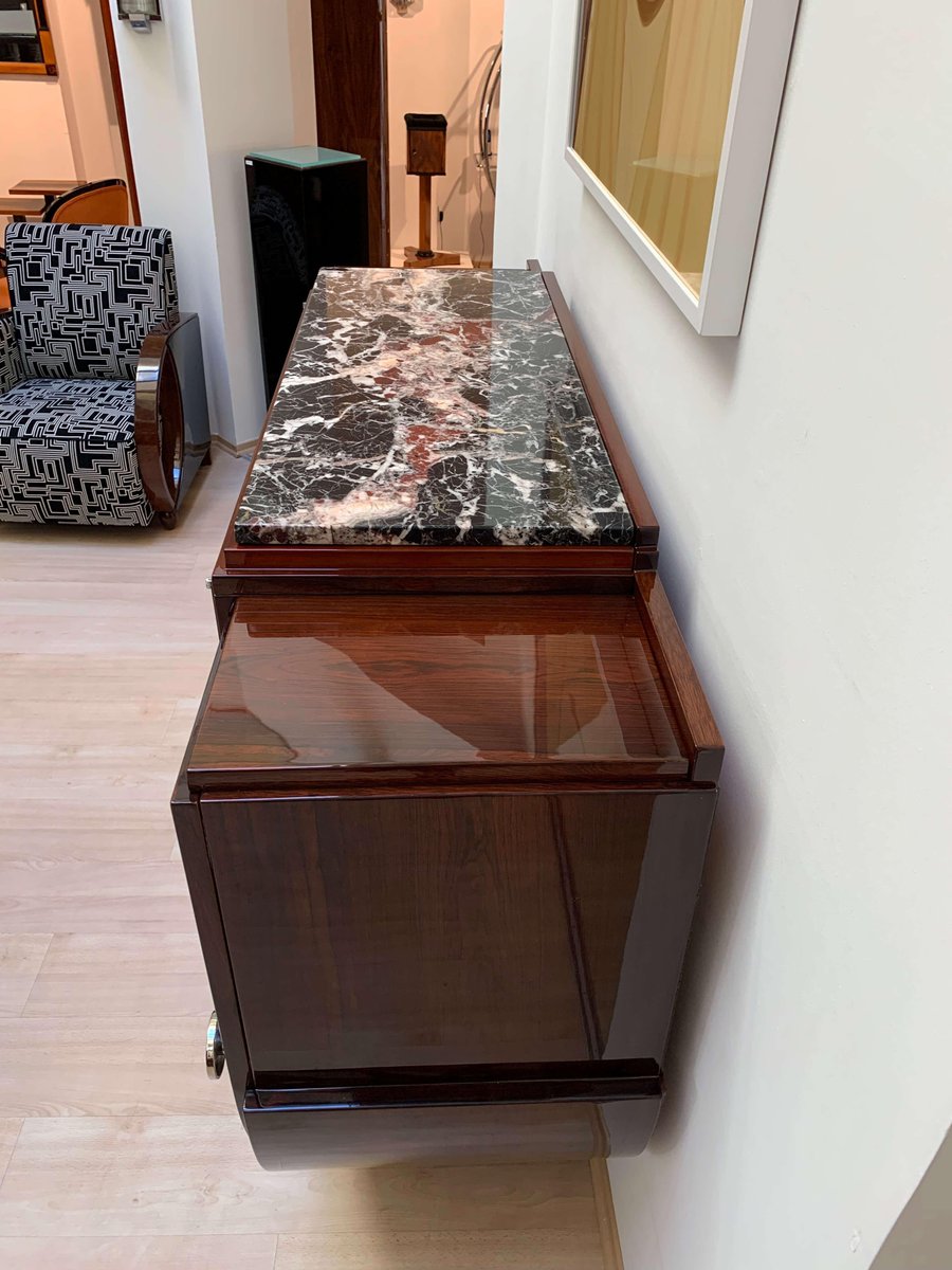 High Art Deco Sideboard in Rosewood Veneer, Nickel & Marble, France,1930