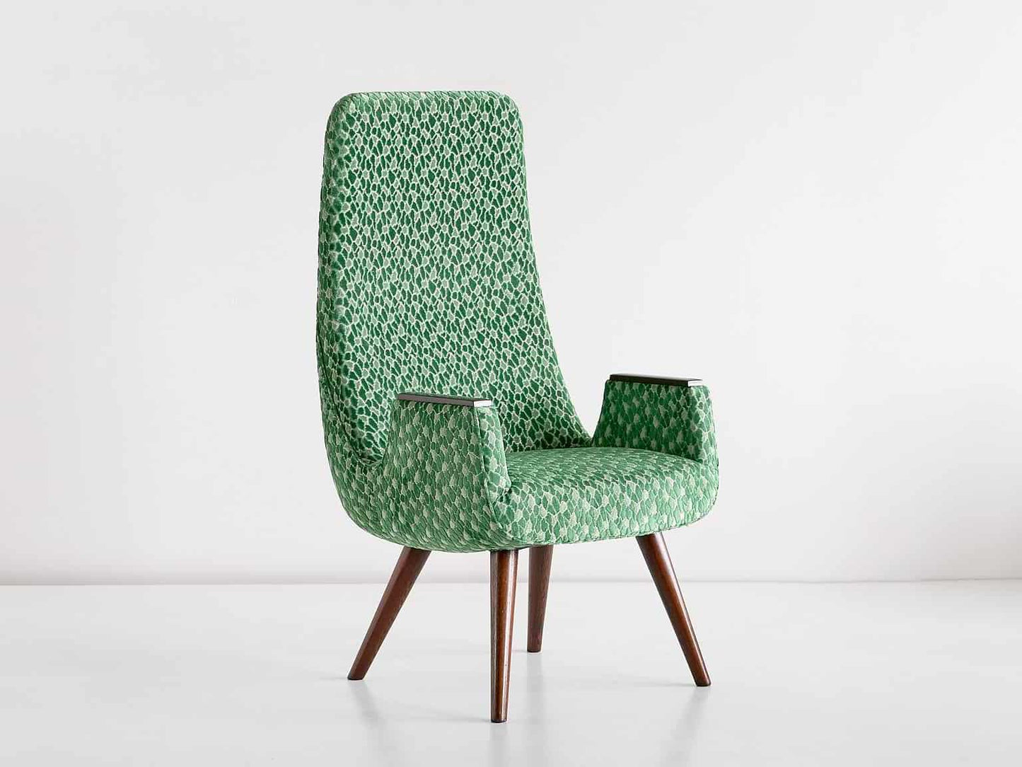 High Back Armchairs in Green Braquenié Velvet and Wengé Wood, 1950s, Set of 2