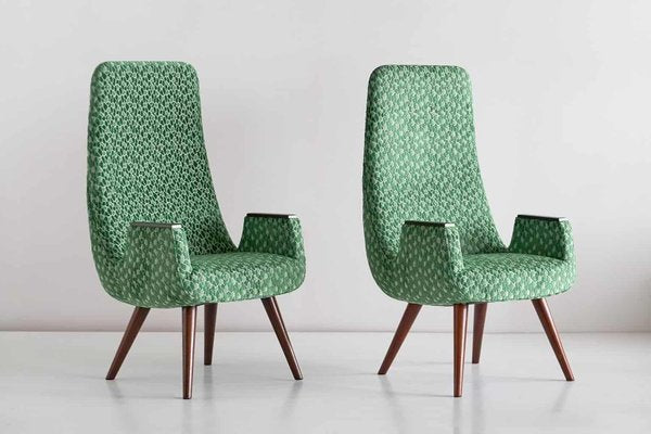 High Back Armchairs in Green Braquenié Velvet and Wengé Wood, 1950s, Set of 2