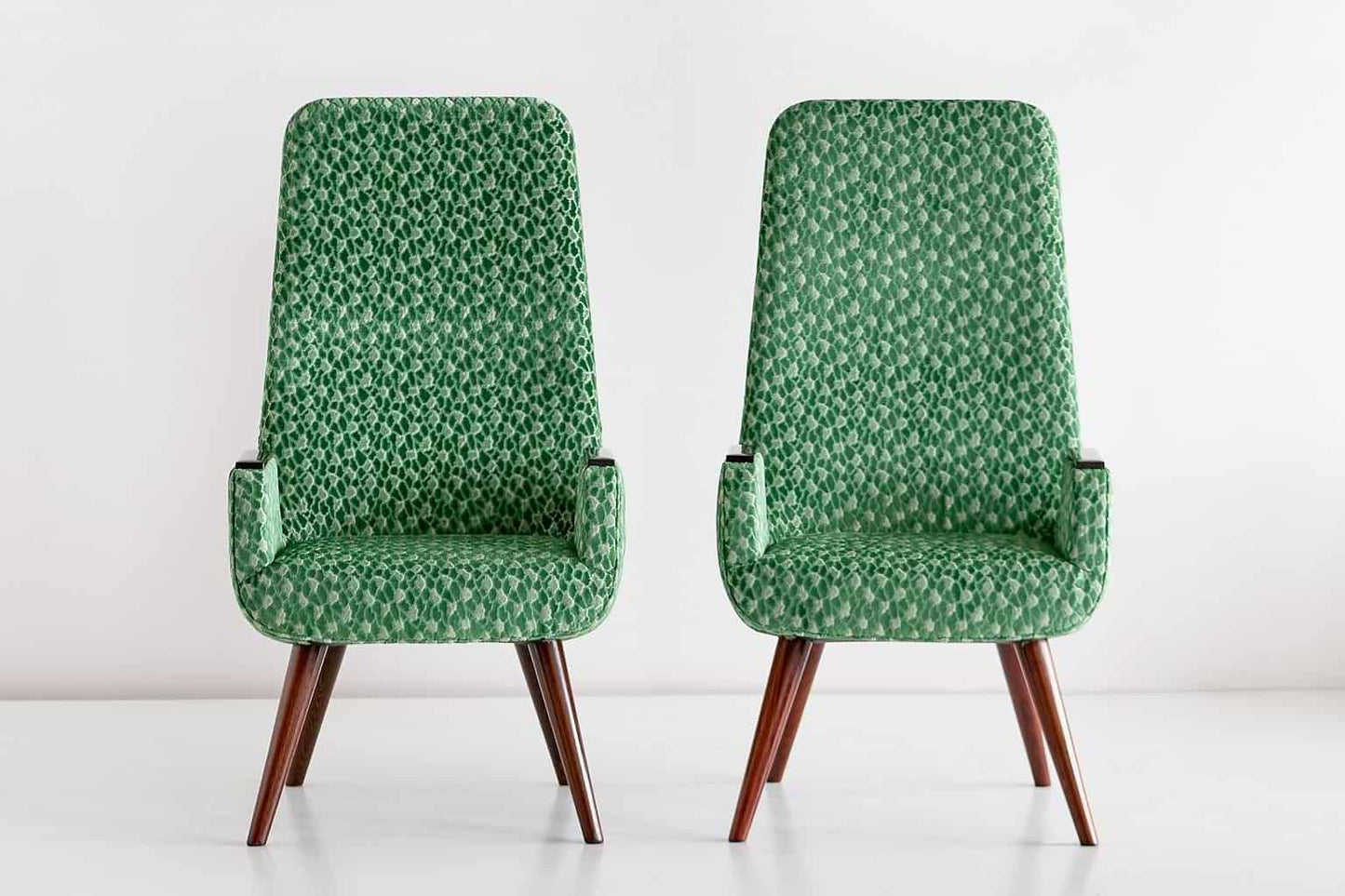 High Back Armchairs in Green Braquenié Velvet and Wengé Wood, 1950s, Set of 2