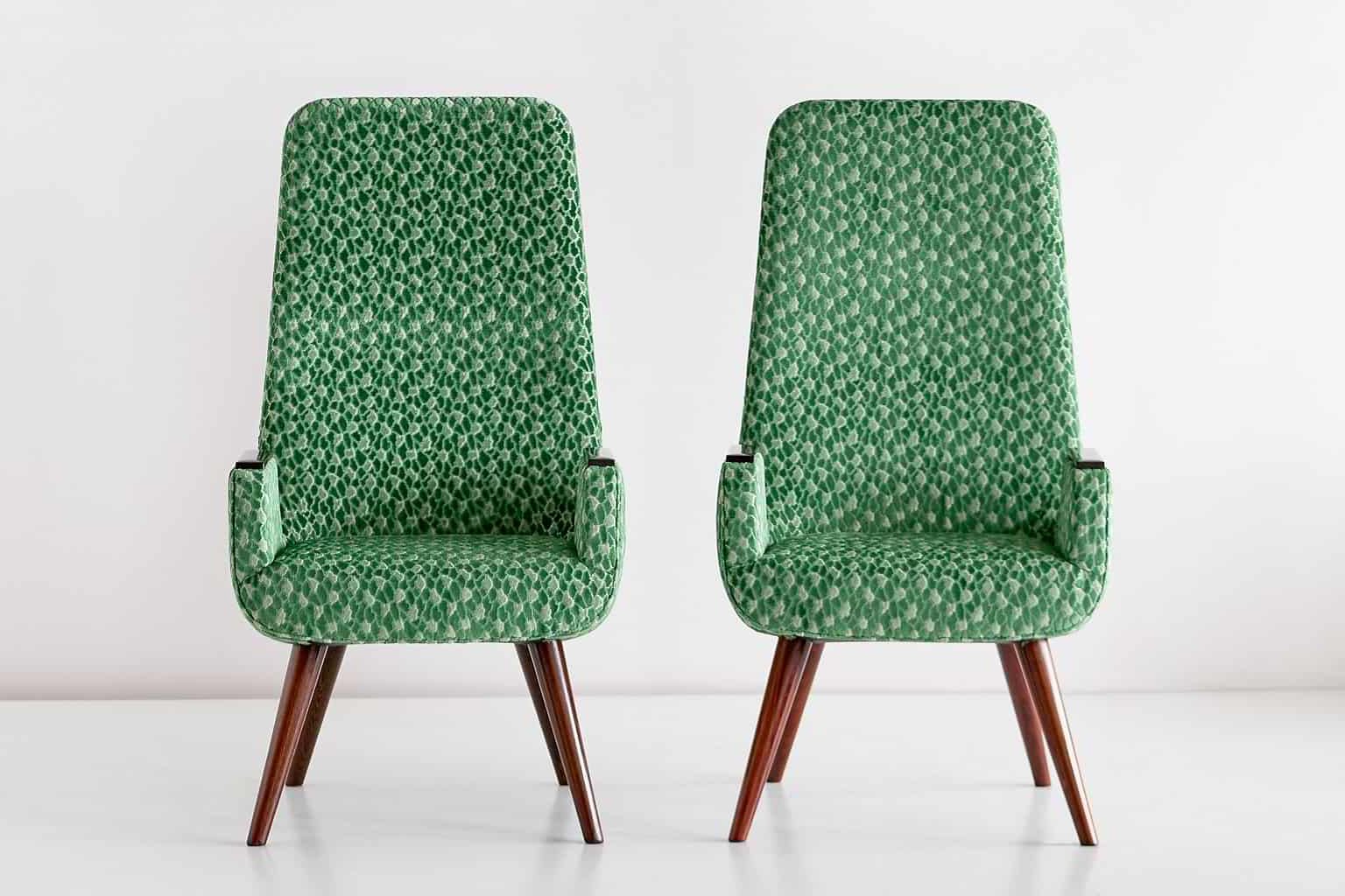 High Back Armchairs in Green Braquenié Velvet and Wengé Wood, 1950s, Set of 2