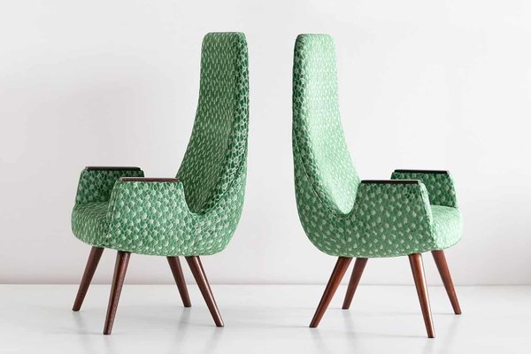 High Back Armchairs in Green Braquenié Velvet and Wengé Wood, 1950s, Set of 2-FMT-782848