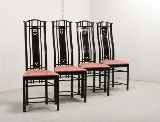 High Back Black Lacquered Dining Chairs with Fabric from Giorgetti, 1980s, Set of 4-IXC-808736