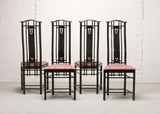 High Back Black Lacquered Dining Chairs with Fabric from Giorgetti, 1980s, Set of 4-IXC-808736