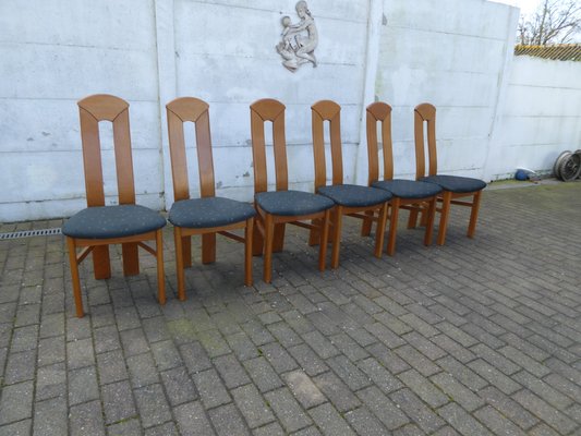 High Back Blond Oak Wooden Chairs, 1980s, Set of 6-AWL-1175325