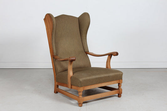 High Back King Chair in Oak with Greenish Wool by Axel Einar Hjorth, Denmark, 1940s