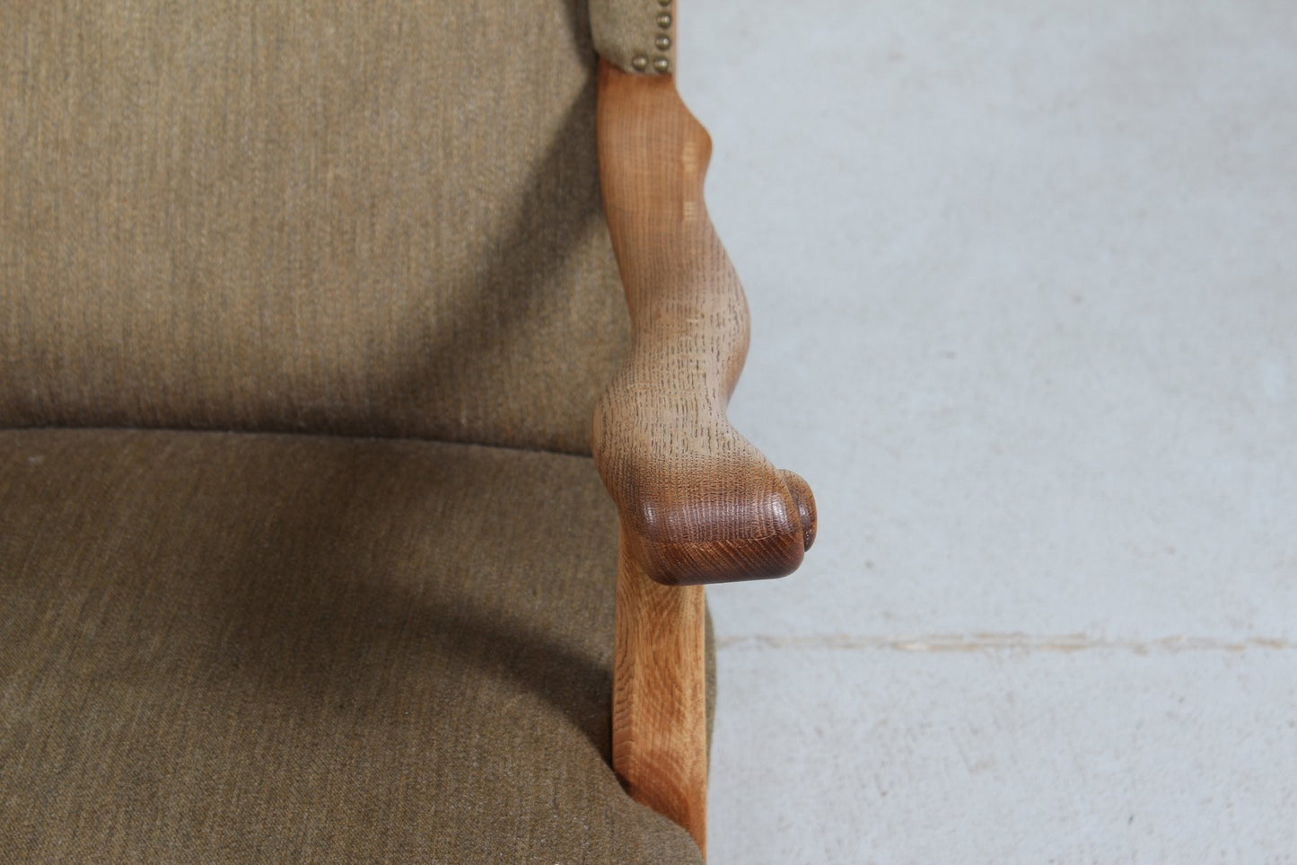 High Back King Chair in Oak with Greenish Wool by Axel Einar Hjorth, Denmark, 1940s