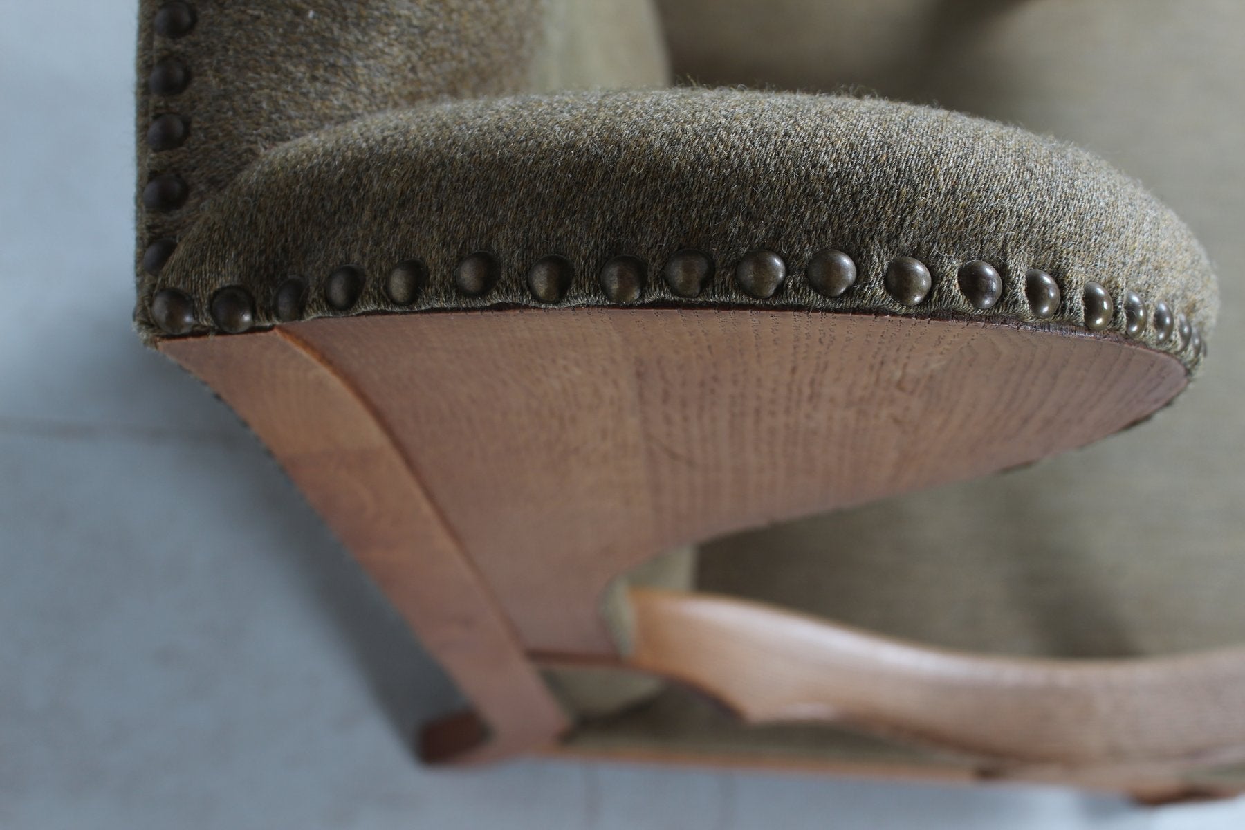 High Back King Chair in Oak with Greenish Wool by Axel Einar Hjorth, Denmark, 1940s