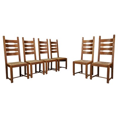 High Back Oak and Rush Dining Chairs, 1960s, Set of 6-TRW-1797089