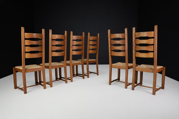 High Back Oak and Rush Dining Chairs, 1960s, Set of 6-TRW-1797089