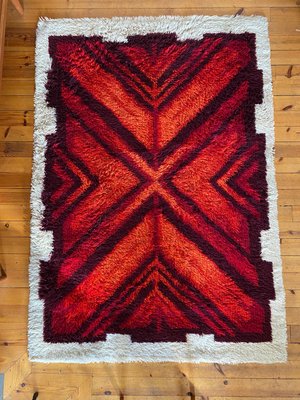 High Pile Rya Rug with Emerald Cut Ruby Motif by Engel-Fabrikerna, 1970s-RUK-2035266