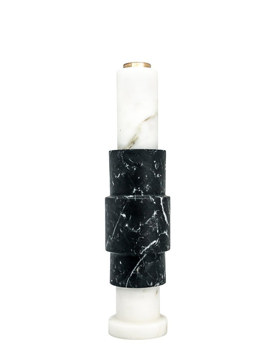 High Straight Two-Tone Candleholder in White Carrara and Black Marble