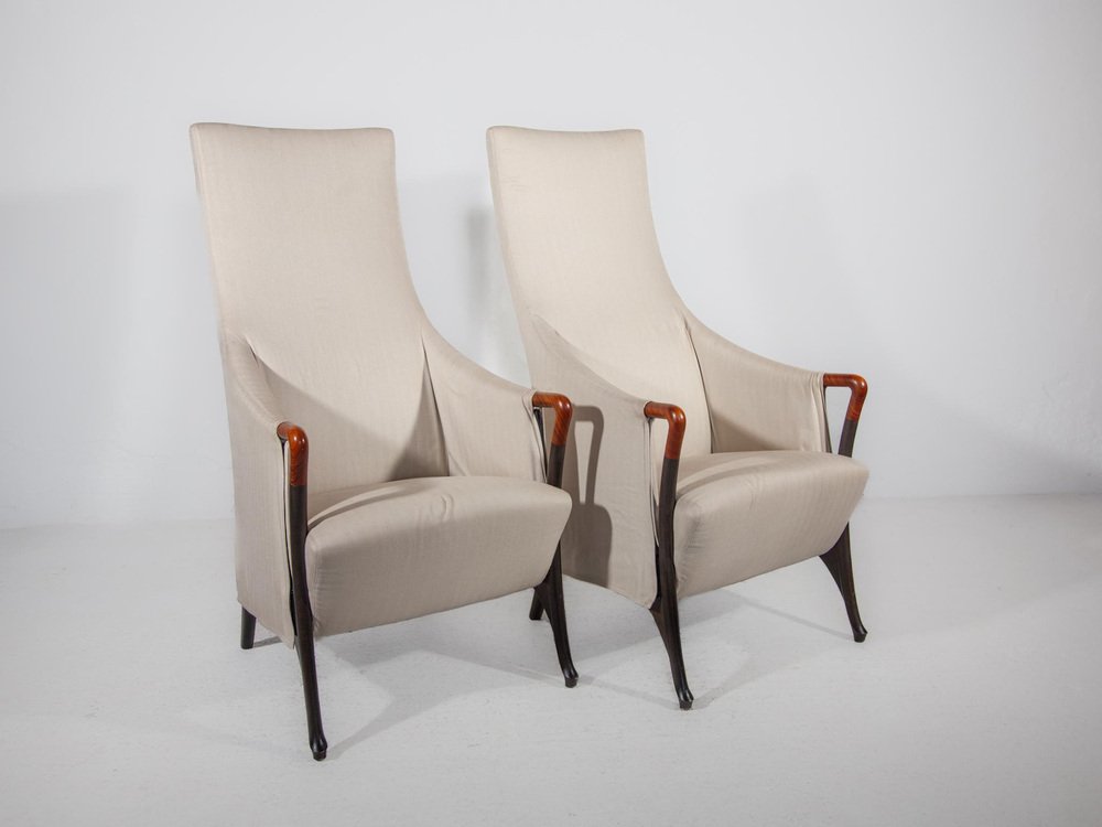 Highback Lounge Chairs and Footstool by Umberto Asnago, 1980, Set of 3