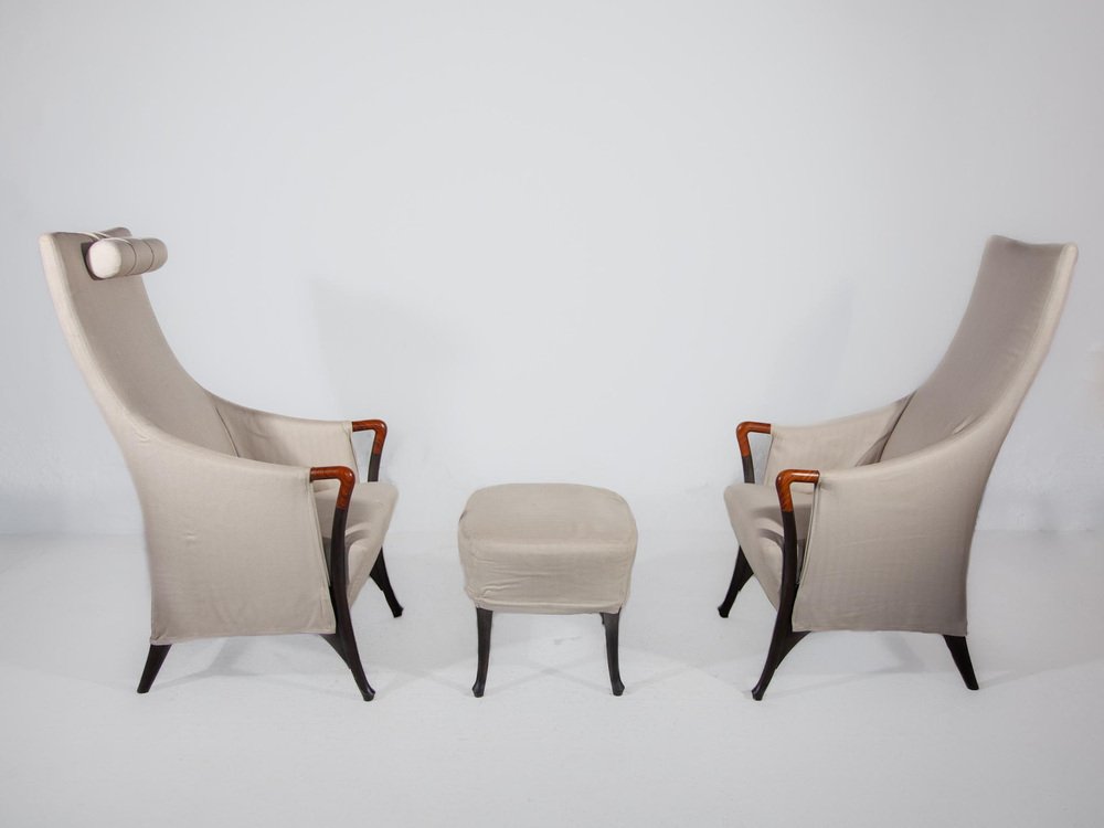 Highback Lounge Chairs and Footstool by Umberto Asnago, 1980, Set of 3