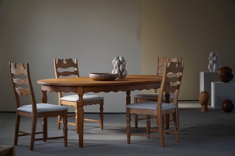 Highback Razorblade Chairs in Oak and Bouclé by Henning Kjærnulf, 1960s, Set of 4