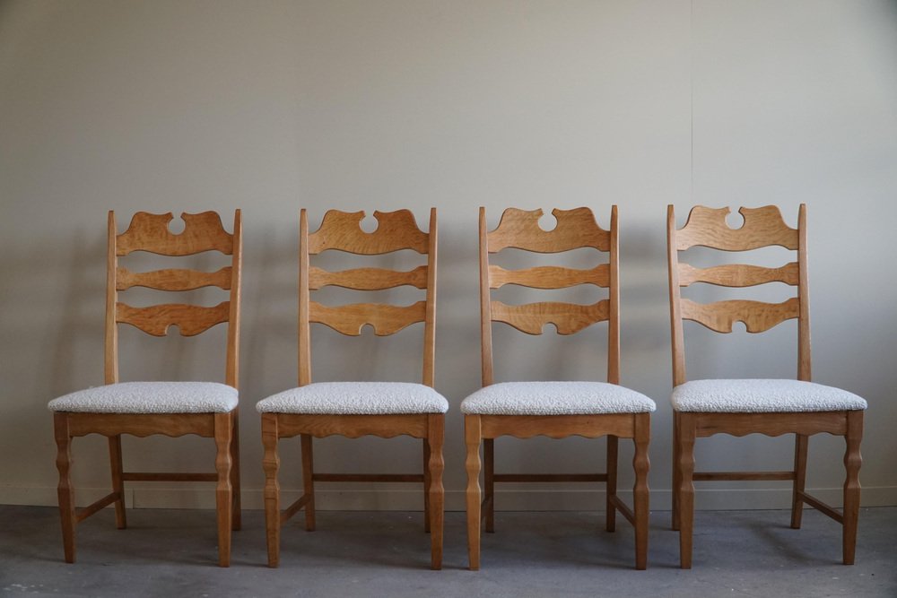 Highback Razorblade Chairs in Oak and Bouclé by Henning Kjærnulf, 1960s, Set of 4