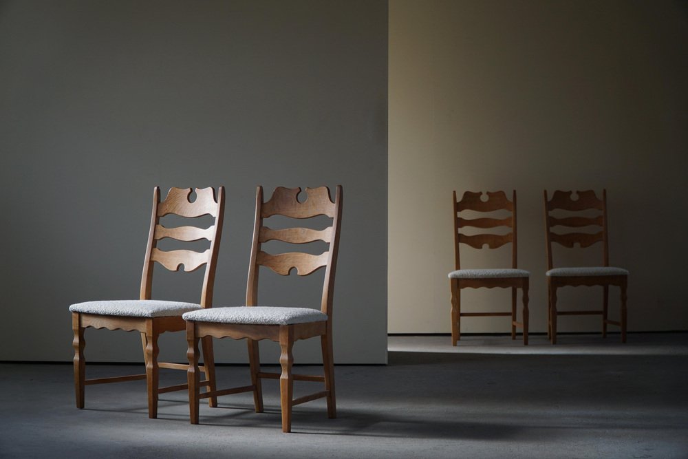 Highback Razorblade Chairs in Oak and Bouclé by Henning Kjærnulf, 1960s, Set of 4