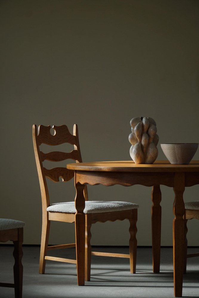 Highback Razorblade Chairs in Oak and Bouclé by Henning Kjærnulf, 1960s, Set of 4