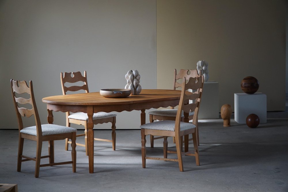 Highback Razorblade Chairs in Oak and Bouclé by Henning Kjærnulf, 1960s, Set of 4