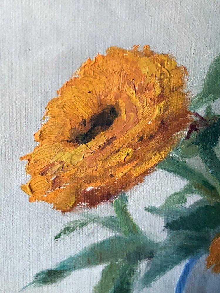 Hl Th Cartoux, Still Life with Bouquet Of Marigolds, 20th Century, Oil on Panel