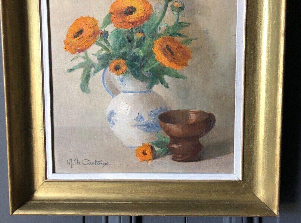 Hl Th Cartoux, Still Life with Bouquet Of Marigolds, 20th Century, Oil on Panel