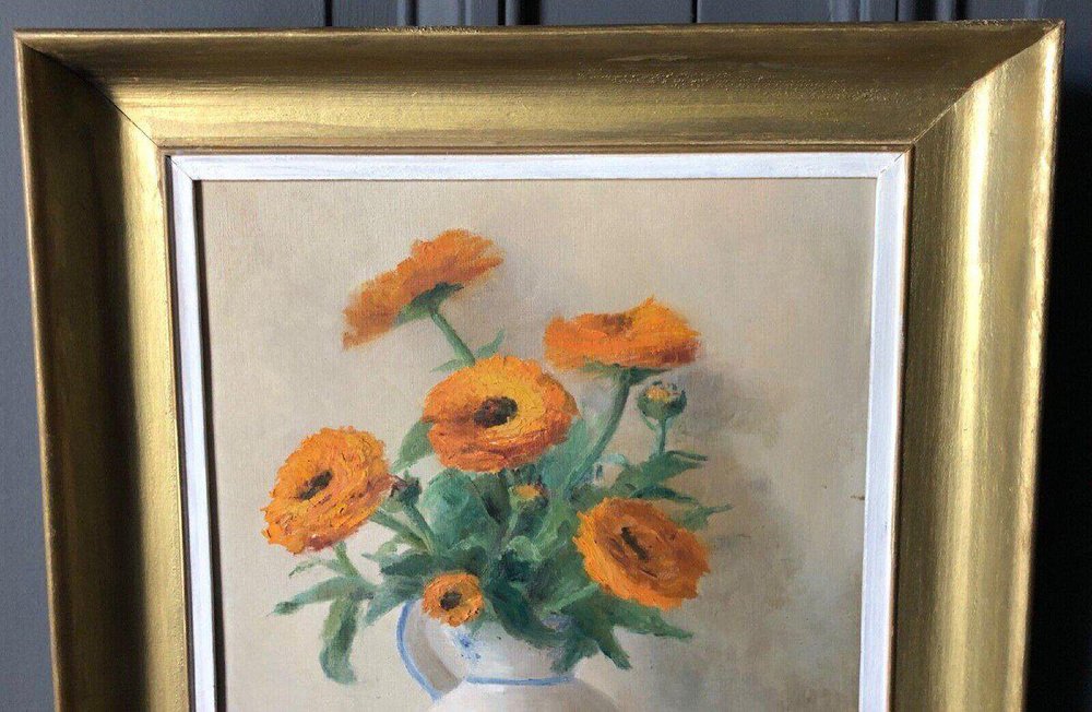 Hl Th Cartoux, Still Life with Bouquet Of Marigolds, 20th Century, Oil on Panel