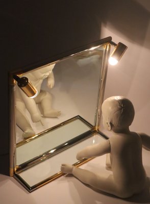 Hollywood Illuminated Bathroom Mirror with Glass Shelf in Silver and Gold, 1980s-ESB-2035590