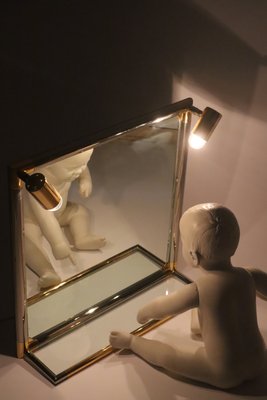 Hollywood Illuminated Bathroom Mirror with Glass Shelf in Silver and Gold, 1980s-ESB-2035590