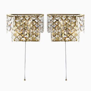 Hollywood Regency Brass and Crystal Glass Wall Lamps from Palwa, Set of 2-UMB-1304960