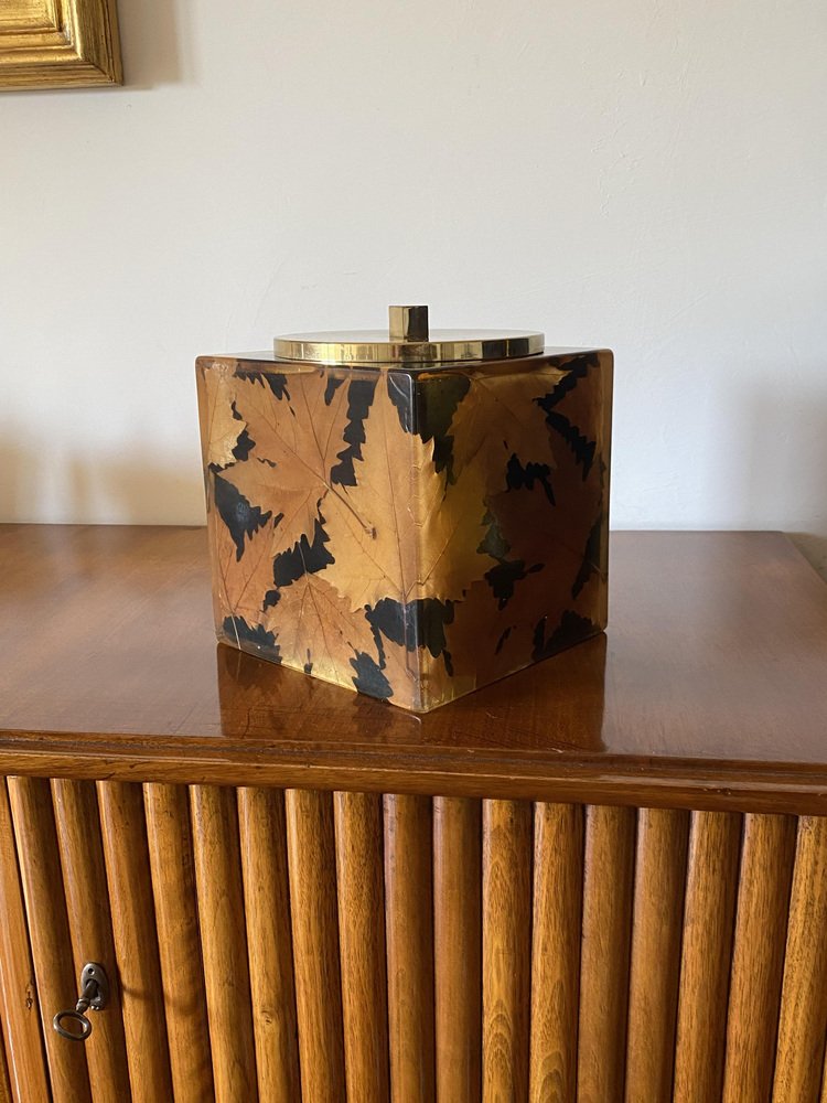 Hollywood Regency Brass and Leaves Resin Ice Bucket from Montagnani Firenze, Italy, 1970s