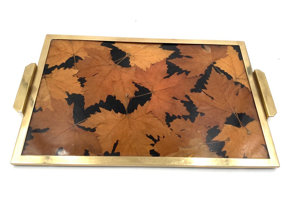 Hollywood Regency Brass and Leaves Resin Tray from Montagnani Firenze, Italy, 1970s