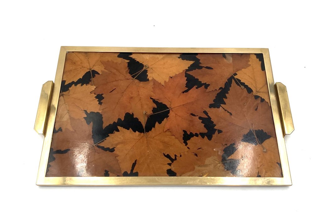 Hollywood Regency Brass and Leaves Resin Tray from Montagnani Firenze, Italy, 1970s