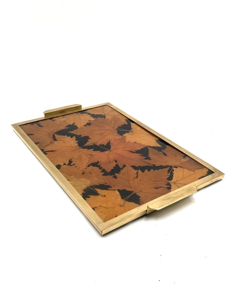 Hollywood Regency Brass and Leaves Resin Tray from Montagnani Firenze, Italy, 1970s