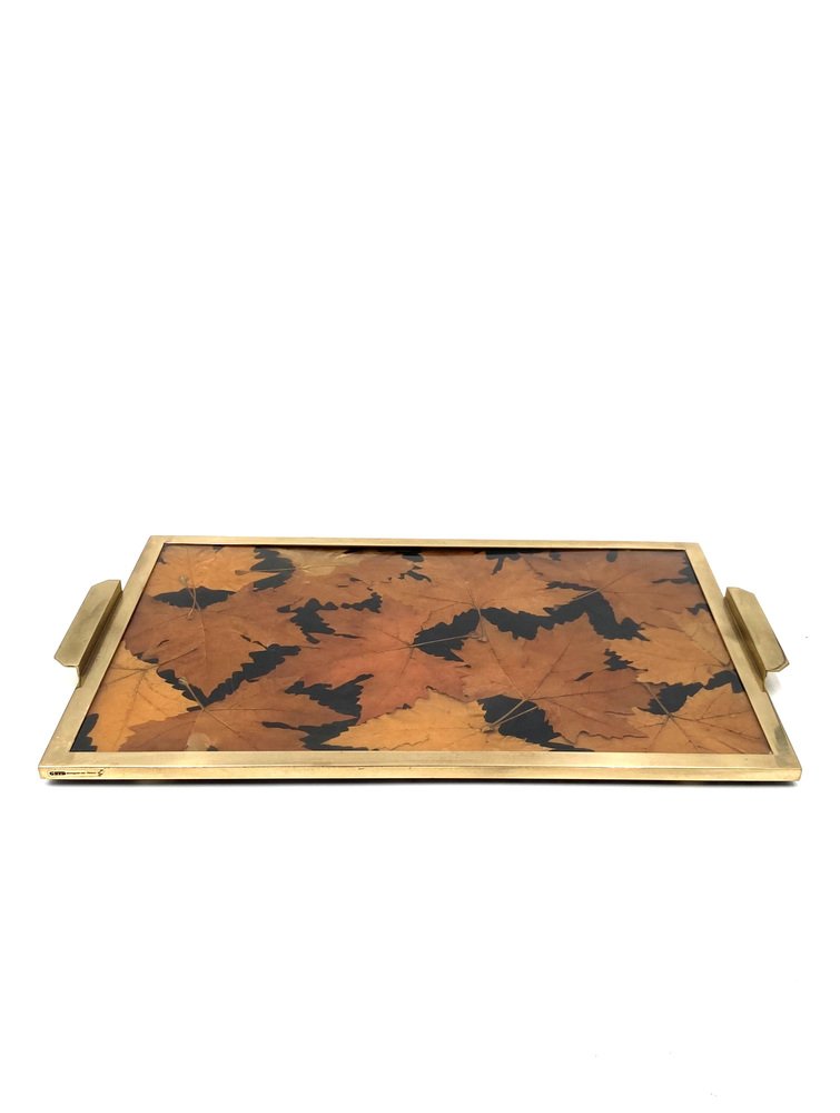 Hollywood Regency Brass and Leaves Resin Tray from Montagnani Firenze, Italy, 1970s