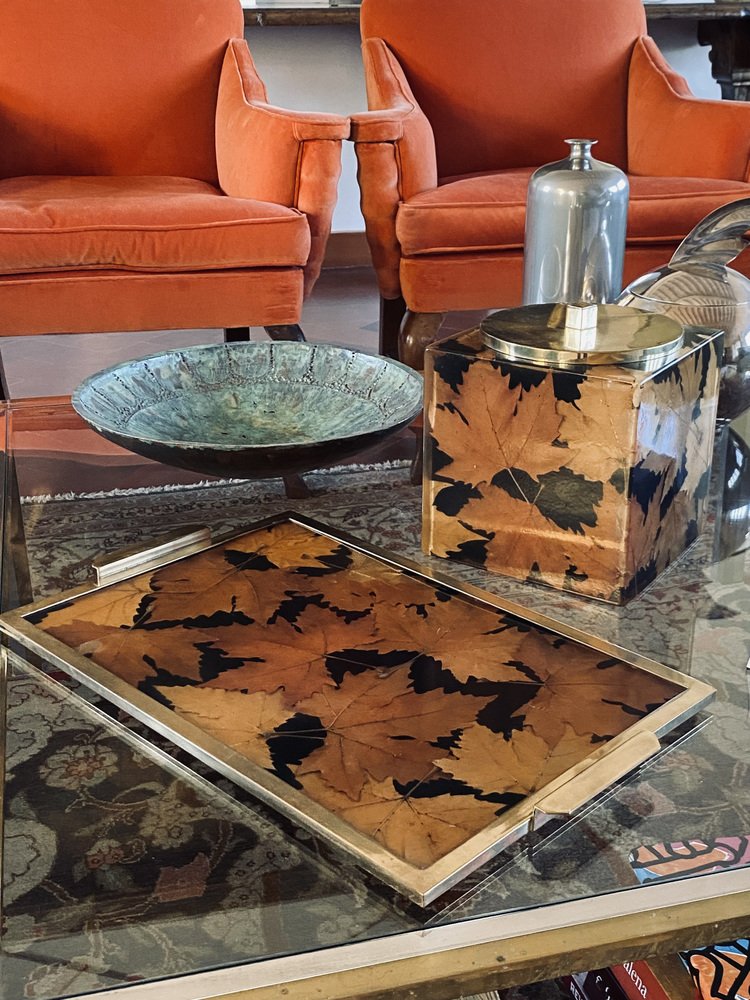 Hollywood Regency Brass and Leaves Resin Tray from Montagnani Firenze, Italy, 1970s