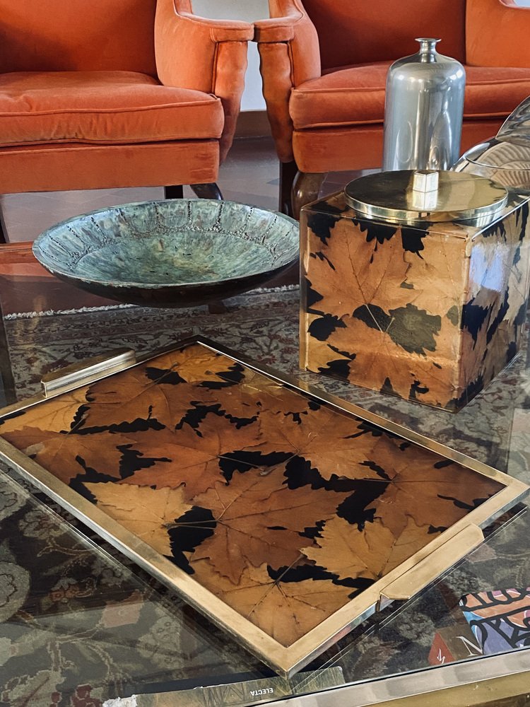 Hollywood Regency Brass and Leaves Resin Tray from Montagnani Firenze, Italy, 1970s