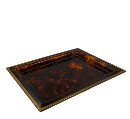 Hollywood Regency Brass and Tortoiseshell Acrylic Glass Tray, Italy, 1970s-TXN-2033815