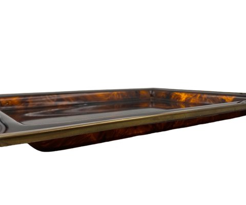 Hollywood Regency Brass and Tortoiseshell Acrylic Glass Tray, Italy, 1970s-TXN-2033815