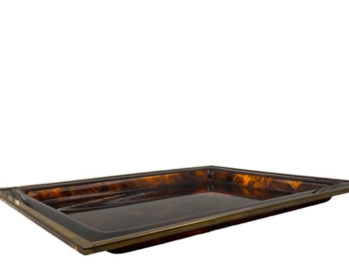 Hollywood Regency Brass and Tortoiseshell Acrylic Glass Tray, Italy, 1970s-TXN-2033815