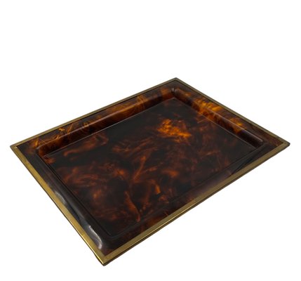 Hollywood Regency Brass and Tortoiseshell Acrylic Glass Tray, Italy, 1970s-TXN-2033815