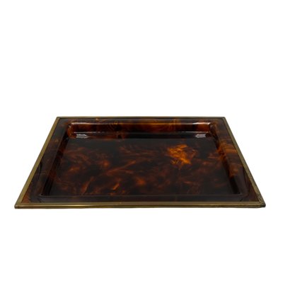 Hollywood Regency Brass and Tortoiseshell Acrylic Glass Tray, Italy, 1970s-TXN-2033815