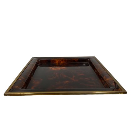 Hollywood Regency Brass and Tortoiseshell Acrylic Glass Tray, Italy, 1970s-TXN-2033815